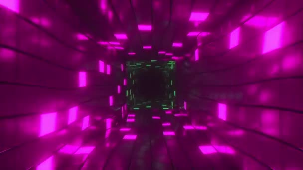 Abstract vliegen in futuristische gang, naadloze lus 4k achtergrond, fluorescerend ultraviolet licht, gloeiende kleurrijke neon blokjes, geometrische eindeloze tunnel, roze spectrum, 3d render — Stockvideo