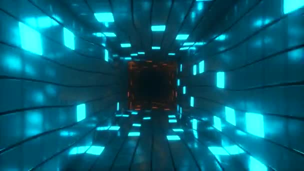 概要未来的な廊下、シームレスなループ4k背景、蛍光紫外光、輝くカラフルなネオンキューブ、幾何学的な無限のトンネル、青のスペクトル、 3Dレンダリングで飛ぶ — ストック動画