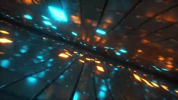 Abstract seamless looped animation of flying in endless space of neon and metal cubes. Modern blue orange color spectrum of light. VJ loop. — Stock Video