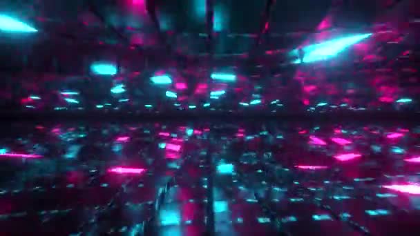 Abstract seamless looped animation of flying in endless space of neon and metal cubes. Modern blue purple color spectrum of light. VJ loop. — Stock Video