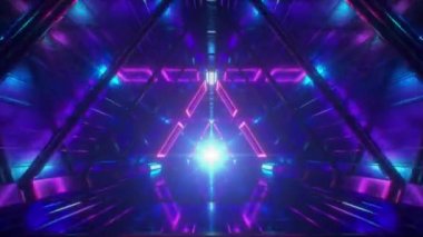 Üçgenlerden yapılmış fütürist bir geometrik metal koridorda soyut ve sonsuz bir uçuş. Modern mavi neon ışıklandırma. Tünelin sonundaki ışık. Kusursuz 3D döngü oluşturucu