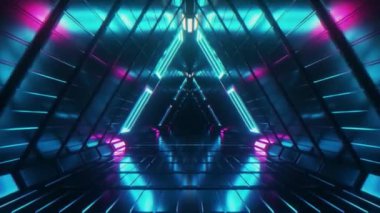 Üçgenlerden yapılmış fütürist bir geometrik metal koridorda soyut ve sonsuz bir uçuş. Modern mavi neon ışıklar. Kusursuz 3D döngü oluşturucu