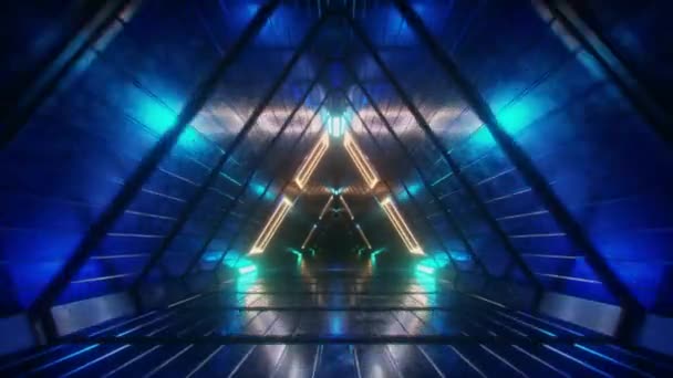 Abstract endless flight in a futuristic geometric metal corridor made of triangles. Modern blue yellow neon lighting. Seamless loop 3d render — Stock Video