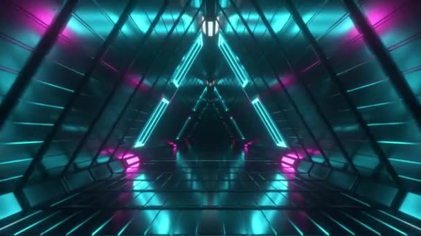 Abstrakcyjny niekończący się lot futurystycznym geometrycznym metalowym korytarzem wykonanym z trójkątów. Nowoczesne niebieskie oświetlenie neonowe. Płynna pętla 3d renderowania — Wideo stockowe