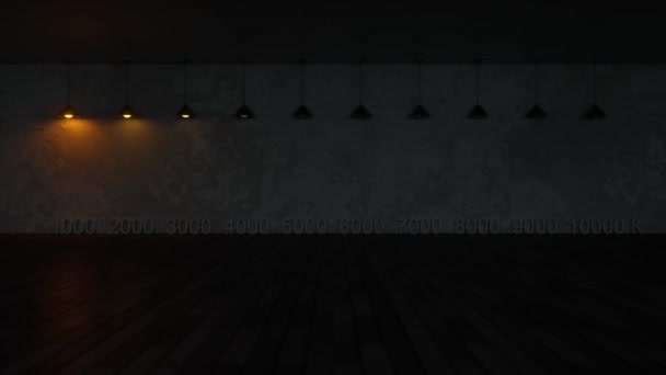 Fond avec lampes à incandescence de différentes valeurs de température. Entre 1000 et 10000 kelvins. Tout le spectre de la lumière, du chaud au froid. Boucle sans couture rendu 3d 