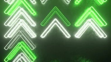 Metal yüzeydeki parlak neon oklar hareketin yönünü gösteriyor. Soyut lazer arkaplanı. Kusursuz 3D döngü oluşturucu