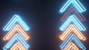 Metal yüzeydeki parlak neon oklar hareketin yönünü gösteriyor. Soyut lazer arkaplanı. Kusursuz 3D döngü oluşturucu