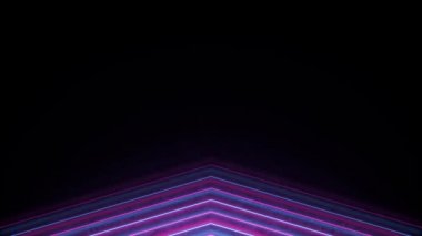 Siyah arkaplandaki çizgilerden okları soyut olarak işaret ediyor. Animasyon. Siyah arkaplanda neon çizgileri var. Hareket eden neon renkli okların soyut özelliği.