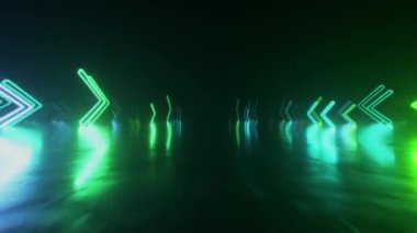 Neon okların hareket yönüyle uzayda hızlı bir uçuş. Soyut lazer arkaplanı. Kusursuz 3D döngü oluşturucu