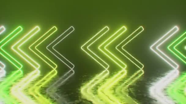 Le frecce al neon luminose su una superficie metallica indicano la direzione del movimento. Sfondo laser astratto. loop senza soluzione di continuità rendering 3d — Video Stock