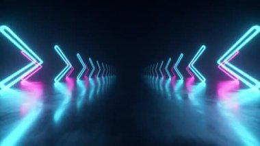 Neon okların hareket yönüyle uzayda hızlı bir uçuş. Soyut lazer arkaplanı. Kusursuz 3D döngü oluşturucu
