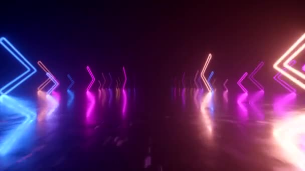 Schneller Flug im All mit der Bewegungsrichtung der Neonpfeile. Abstrakter Laserhintergrund. Nahtlose 3D-Renderschleife — Stockvideo