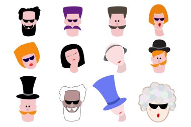 Çizgi film avatarları kümesi. Erkek ve kadın karakter. Yuong ve yaşlı. Yüzler.