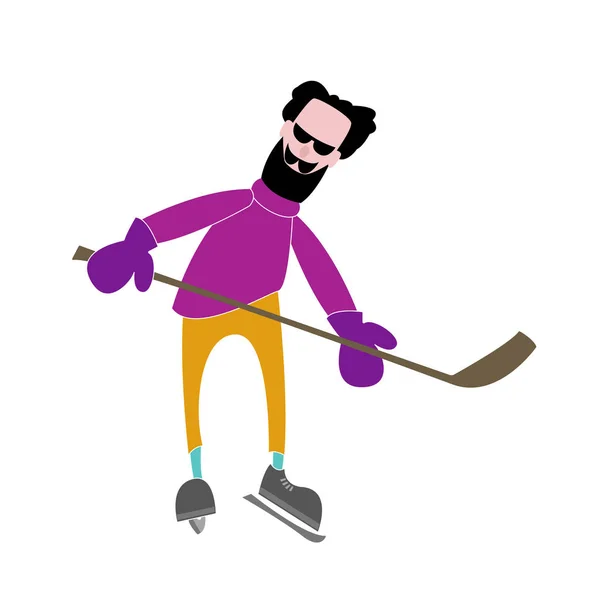 Hipster man op skates speelt ijshockey. Witte achtergrond. — Stockvector
