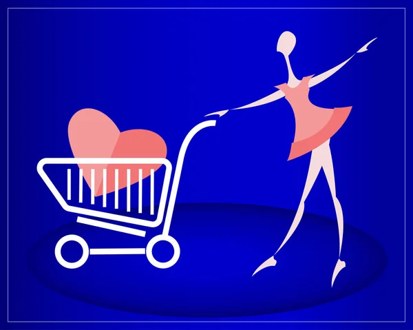 Girl with heart in the shopping cart. Blue background. — Stock Vector
