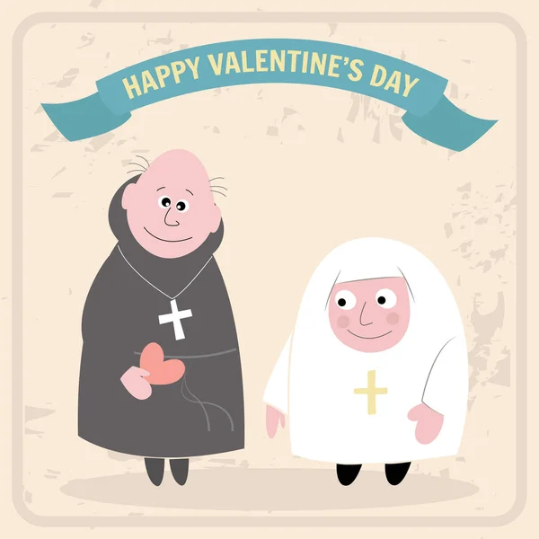 Le moine donne un cœur de nonne à la Saint-Valentin. Carte de vœux. Conception de couleur plate . — Image vectorielle