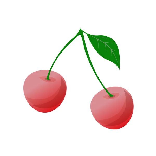 Dos cerezas rojas sobre un tallo verde. Sobre un fondo blanco . — Vector de stock