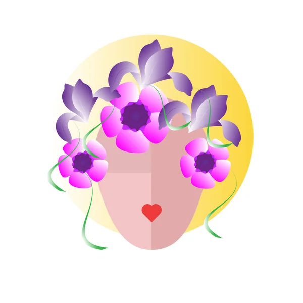 Rosto de uma mulher com cabelo feito de flores. Lábios - coração. Avatar ícone plana . —  Vetores de Stock