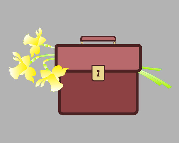 Красный портфель с весенними желтыми цветами
.