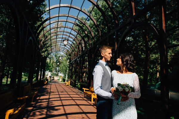 Retrato de la novia y el novio felices mirándose el día de su boda — Foto de Stock