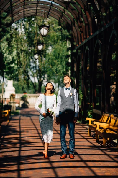 Nygifta tittar upp på solen. Bröllopsdag — Stockfoto