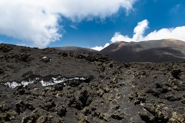 Snow under volcanic ash on top of the volcano Etna in Sicily, Italy