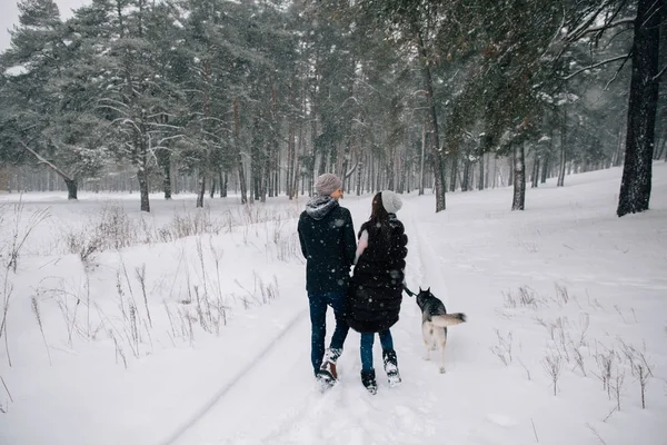 Couple amoureux promenades avec chien Husky dans la journée d'hiver — Photo