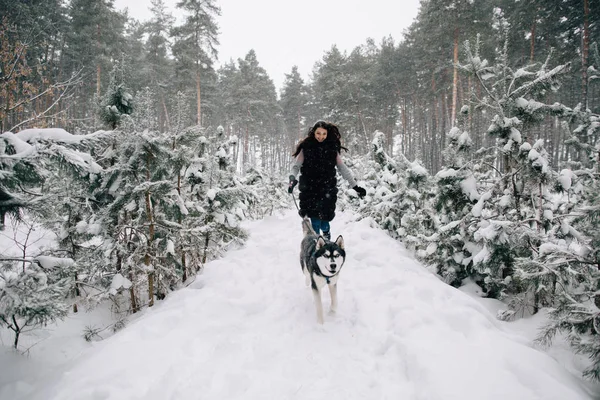 Fille amusez-vous avec chien dans la forêt enneigée — Photo