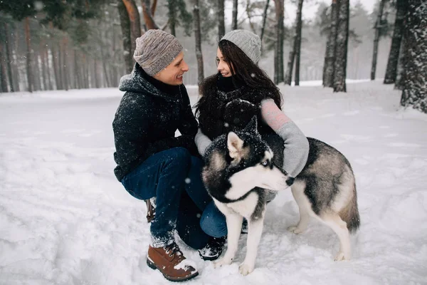 Couple amoureux de Husky chien marche dans la forêt d'hiver — Photo