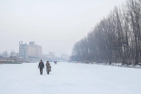 Pancevo, Serbia - 22 de enero de 2017: Personas que caminan sobre el río congelado Tamis - Timis (un afluente del Danubio) debido a un clima excepcionalmente frío en los Balcanes que dura más de 10 días — Foto de Stock