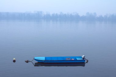 Zemun, Belgrad, Sırbistan kışın sisli alacakaranlıkta Tuna Nehri teknede kürek