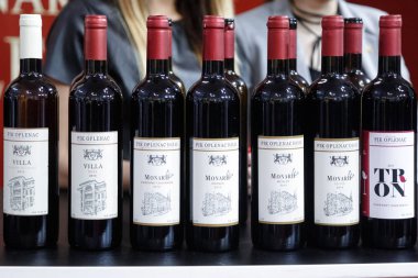 Belgrad, Sırbistan - 25 Şubat 2017: Belgrad şişe kırmızı ve beyaz şarap--dan Serbia ekranda bir stand 2017 Turizm Fuarı