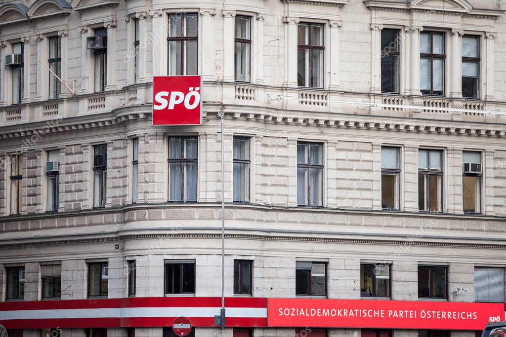 VIENNA, AUSTRIA - NOVEMBER 6, 2019: SPO logo on their main office in Vienna. Also called Sozialdemokratische Partei Osterreichs, it is the social democratic party of austria, a socialist political party