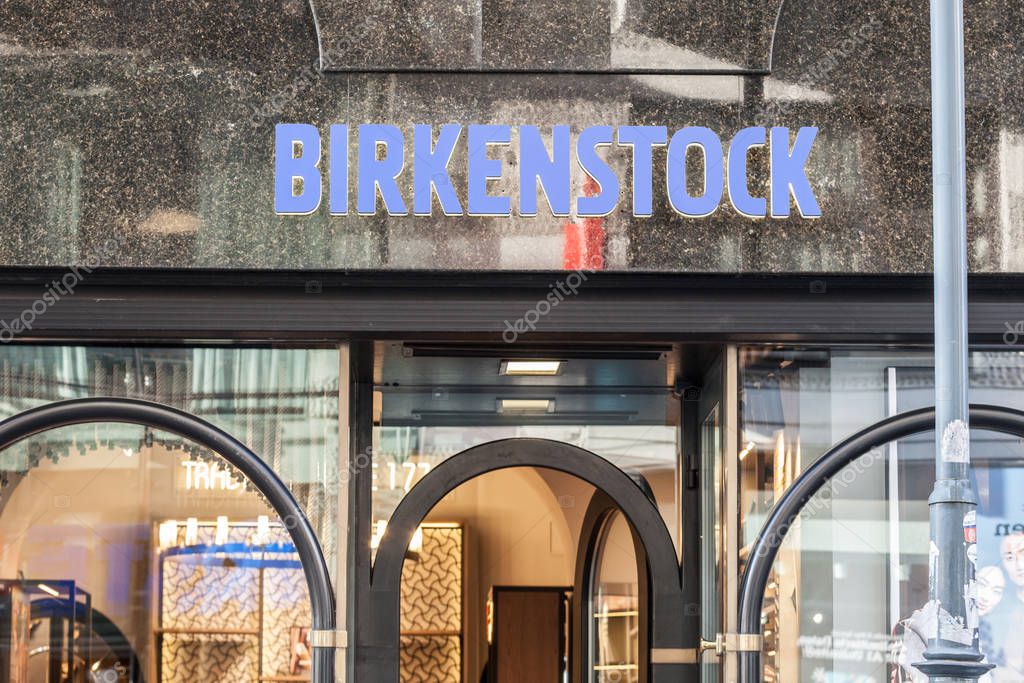 VIENNA, AUSTRIA - NOVEMBER 6, 2019: Birkenstock logo on a Vienna reseller Store taken on their local boutique. Birkenstock is a shoe manufacturer famous for its sandals