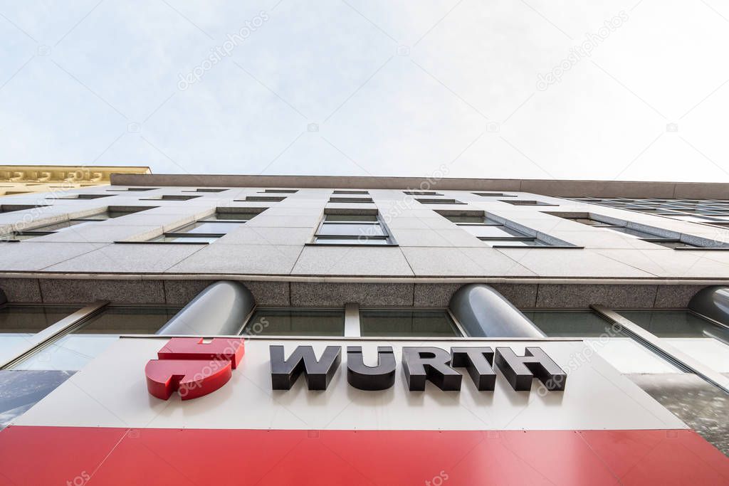 VIENNA, AUSTRIA - NOVEMBER 6, 2019: Wurth logo in front of their main office for Vienna. Wurth, or Wuerth, is a germn manufacturer of industrial hardare, components and accessories