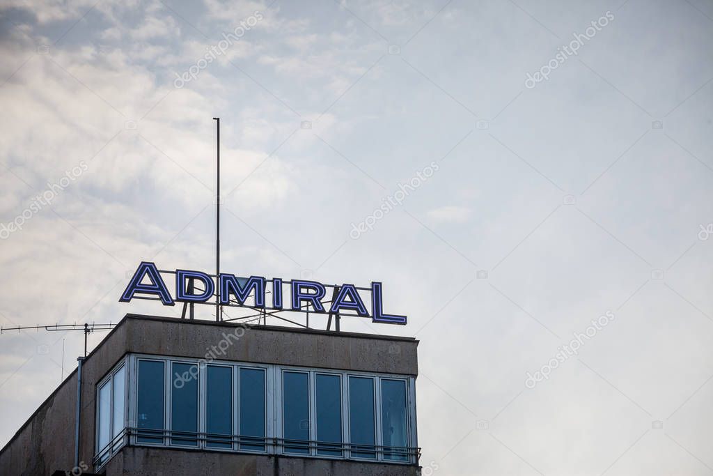 VIENNA, AUSTRIA - NOVEMBER 6, 2019: Admiral logo taken on their office for Vienna. Admiral is a multinational chain of Casinos and betting, gambling and slot machine parlors
