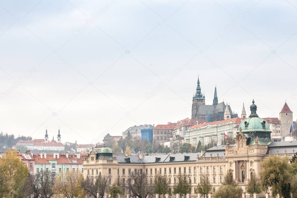 Prague castle (Prazsky Hrad) on Hradcany hill, the office of the Czech President with the Straka academie (Stakova Akademie), the house of the government in front. These are symbols of Czech politics & landmarks