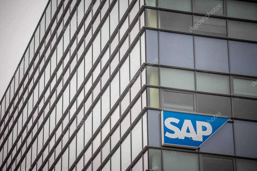 BRNO, CZECHIA - NOVEMBER 5, 2019: SAP logo in front of their office for Brno. SAP is a German enterprise software development specialized in CRM and ERP solutions for corporate clients
