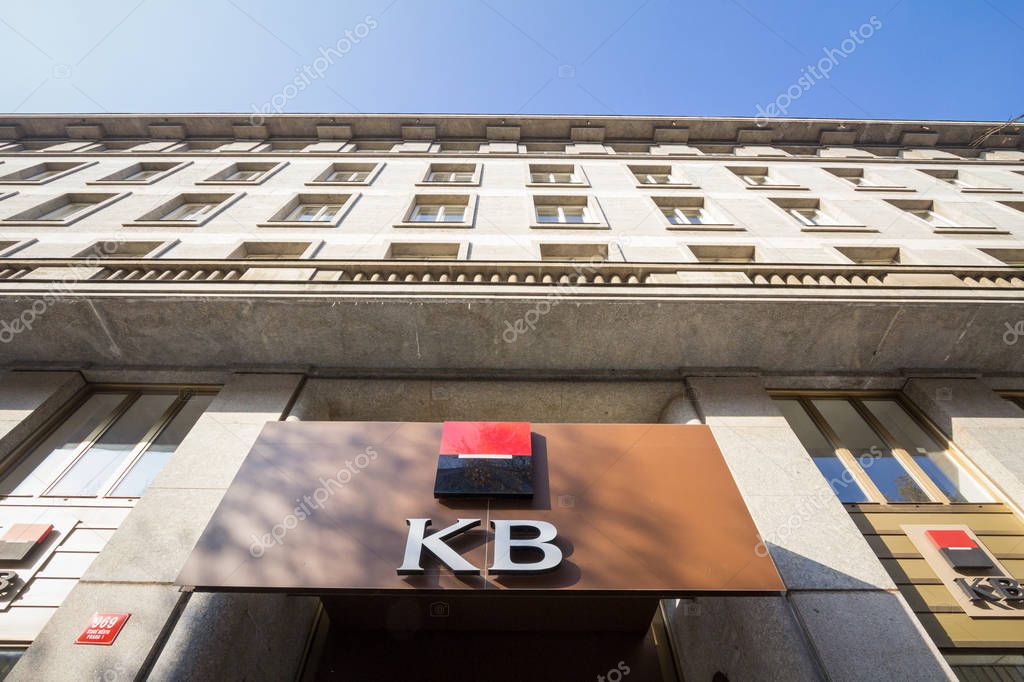 PRAGUE, CZECHIA - OCTOBER 31, 2019: KB Bank, or Komercni banka logo in front of their office for Prague. Komercni Banka is a Czech Bank, the local branch of the French Group Spociete General.