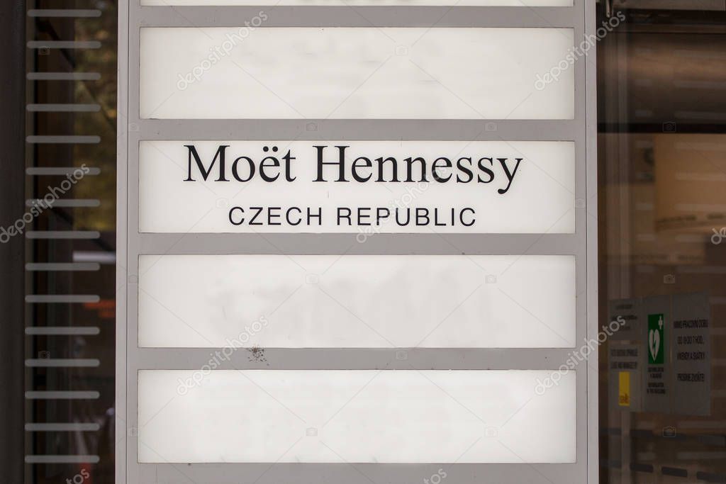 PRAGUE, CZECHIA - NOVEMBER 3, 2019:Moet Hennessy logo in front of their office for Czech Republic. Moet Hennessy, part of LVMH, is a French group producing luxury champaign and Cognac