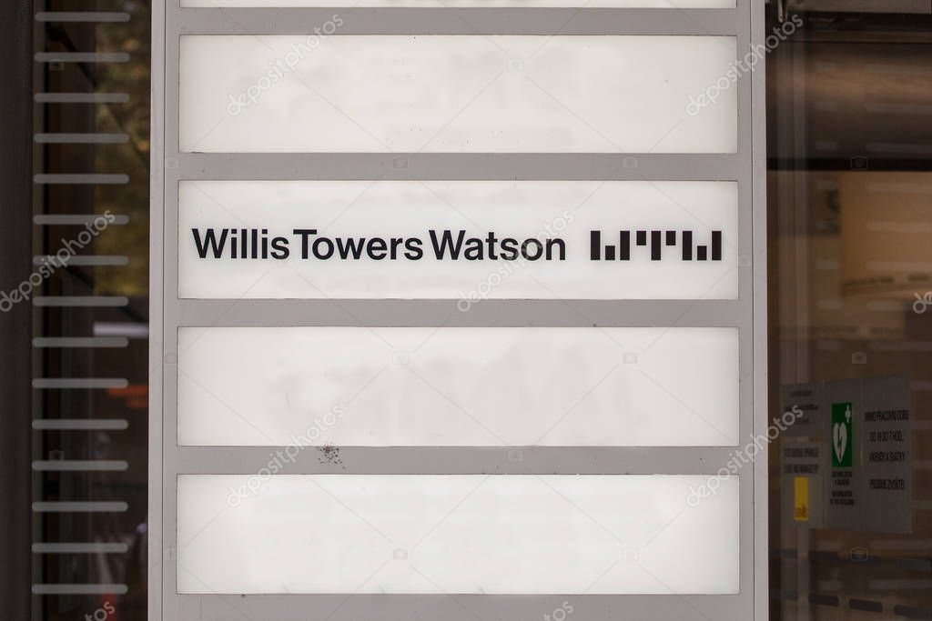 PRAGUE, CZECHIA - OCTOBER 31, 2019: Willis Towers Watson logo in front of their office for Prague. Willis Towers Watson is a British and Irish Insurance and risk advisory company