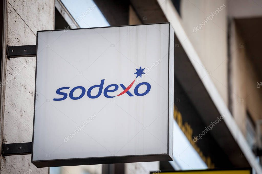BRNO, CZECHIA - NOVEMBER 5, 2019: Sodexo logo in front of their local office in Brno. Sodexo is a French multinational corporation specialized in food services and sites and facilities management