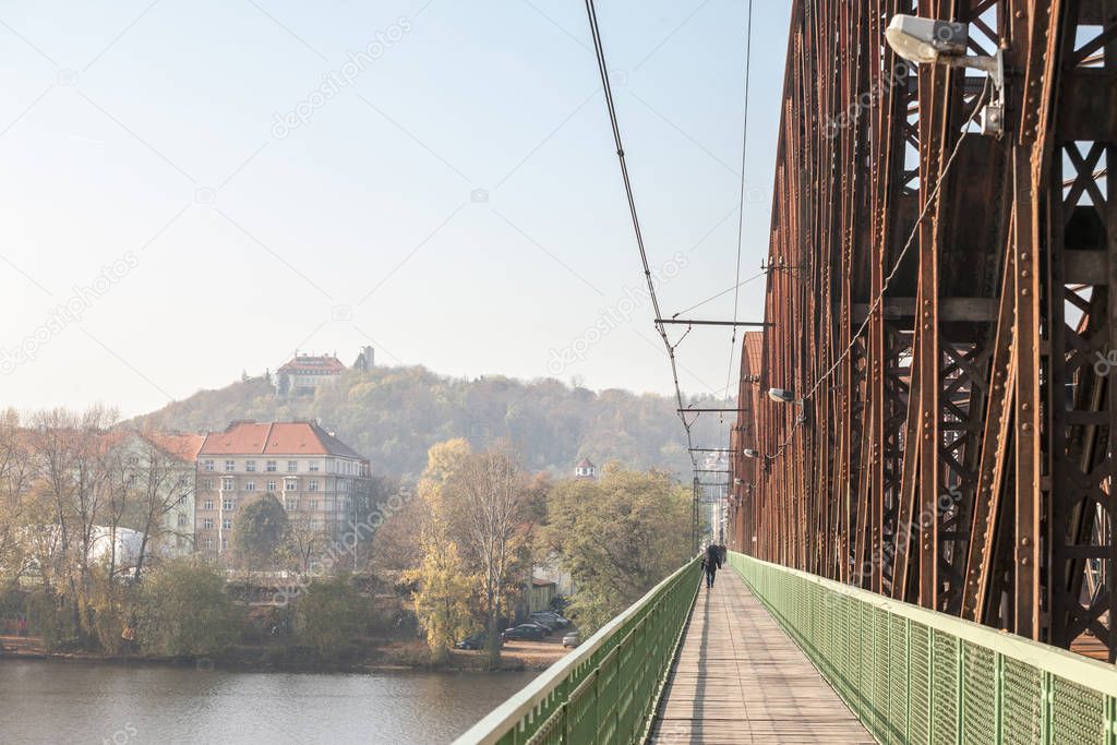 Vysehrad Railway bridge, also called vysehradsky zeleznicni most, in Prague, Czech Republic. It is a metal steel bridge for train transporation in Vyton district over Vltava river, an industrial landmark