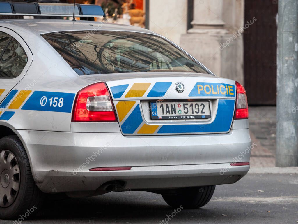 PRAGUE, CZECHIA - OCTOBER 31, 2019: Car vehicle of the Czech Police in Prague streets. Also called Policie Ceske Republiky, it is the main law enforcement unit of Czech Republic