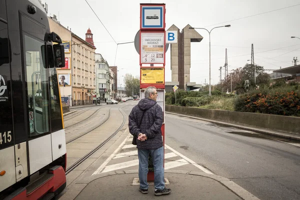 Praga Czechy Listopad 2019 Człowiek Obserwujący Rozkład Jazdy Przystanku Smichovske — Zdjęcie stockowe