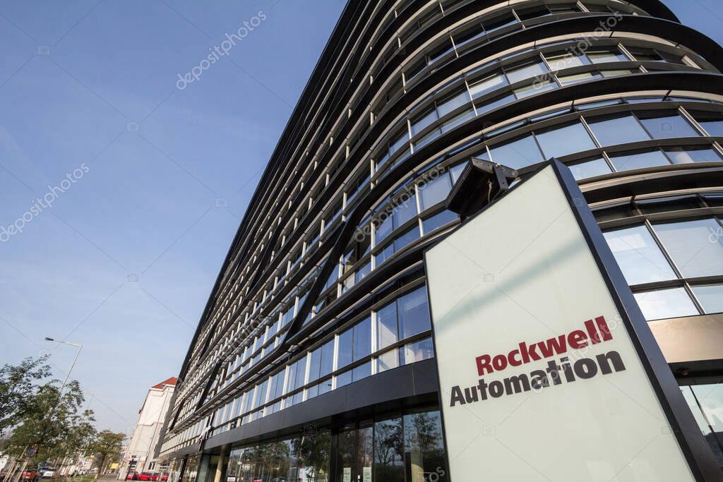PRAGUE, CZECHIA - OCTOBER 31, 2019: Rockwell Automation logo on their headquarters for Prague, Rockwell Automation is an American firm specialized in Autmoation industrial development