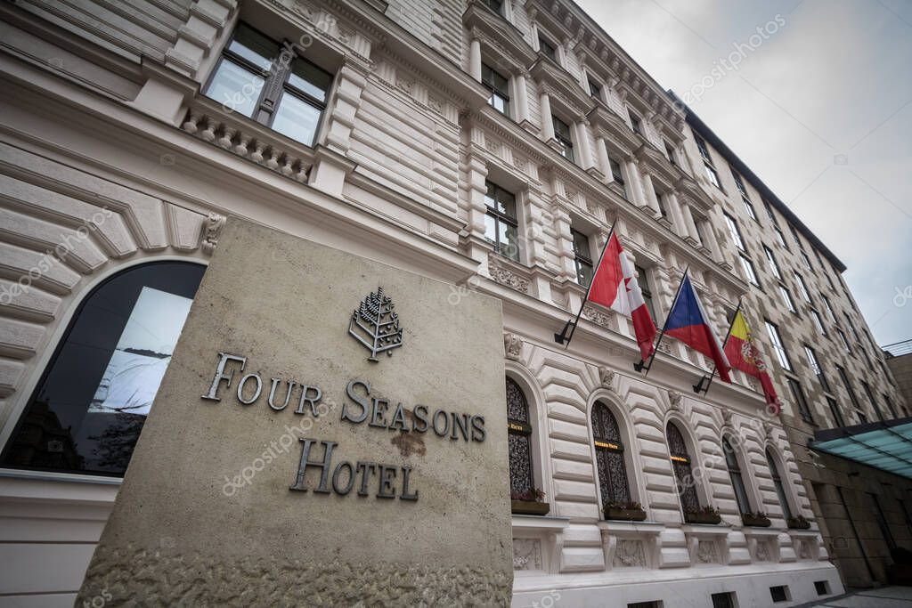 PRAGUE, CZECHIA - NOVEMBER 3, 2019: Four Seasons logo on their main hotel in Prague. Four Seasons  is a Canadian brand, owner and franchise of luxury hotels
