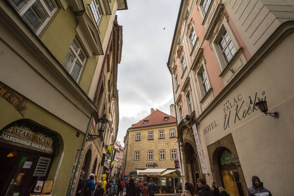 PRAGUE, CZECHIA - NOVEMBER 3, 2019: Street of Stare Mesto, Jilska ulice, in the historical center of Prague, Czech Republic, crowded, at rush hour, with Czech people and tourists walking