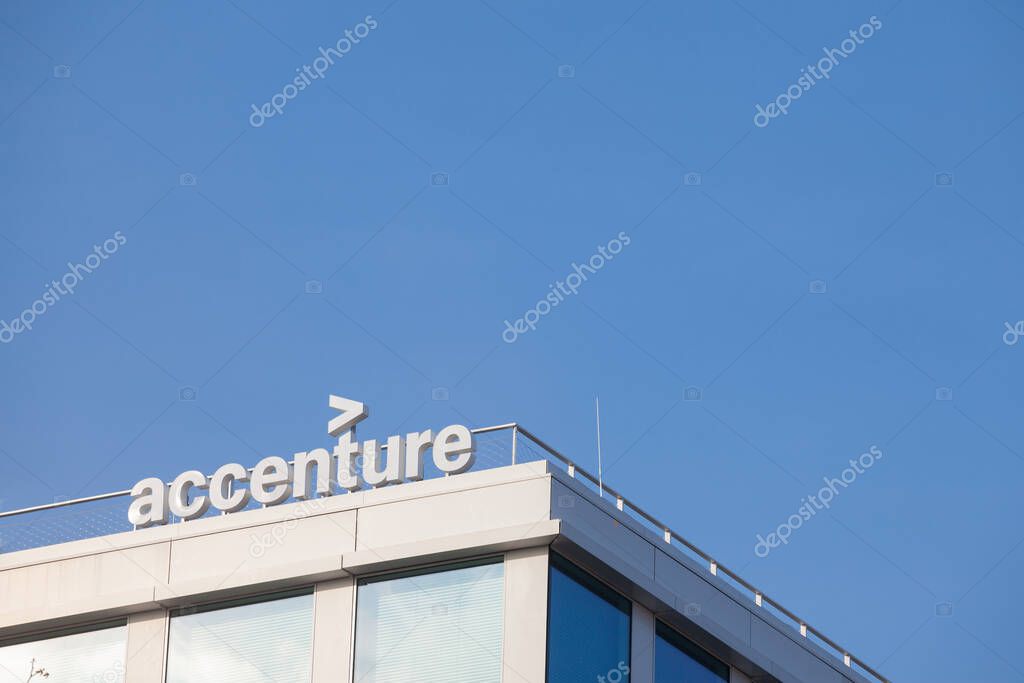 PRAGUE, CZECHIA - OCTOBER 31, 2019: Accenture logo in front of their office for Prague. Accenture, is an irish professional services, recruiting, consulting  and auditing firm