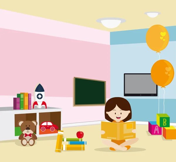 Girl reading sitting on the floor in a room with several toys — Stock Vector